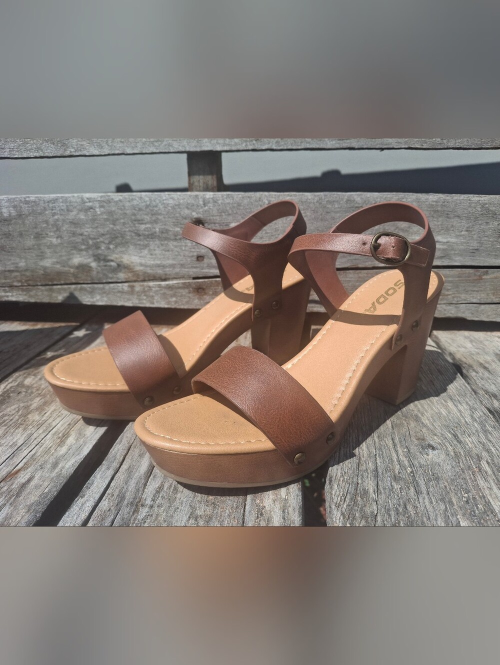 Soda Brown Platform Block Heel Sandals with Ankle Strap